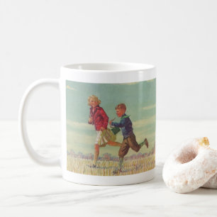 Vintage Kinder laufen zur Schule und tragen Bücher Kaffeetasse