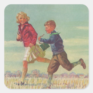 Vintage Kinder laufen zur Schule und tragen Bücher Quadratischer Aufkleber
