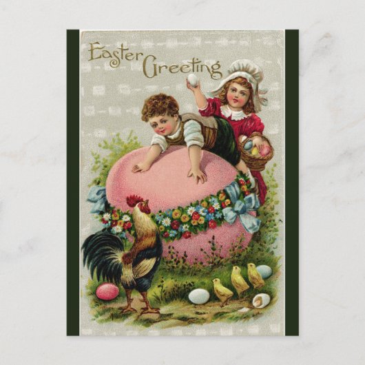 Vintage Kinder mit einem Rieseneier zu Ostern Postkarte (Vorderseite)