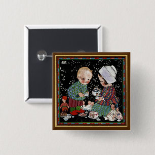 Vintage Kinder mit einem Tee-Party, das sich vortä Button