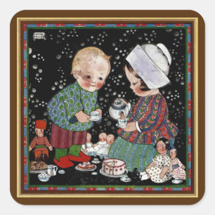 Vintage Kinder mit einem Tee-Party, das sich vortä Quadratischer Aufkleber