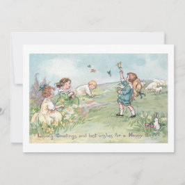 Vintage Kinder mit Lämmern und Osterblichen Feiertagskarte