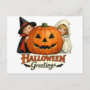 Vintage Kinder mit riesigen Kürbissen Halloween Postkarte