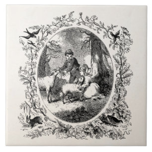 Vintage Kinder mit Schafen Personalisierte Illustr Fliese