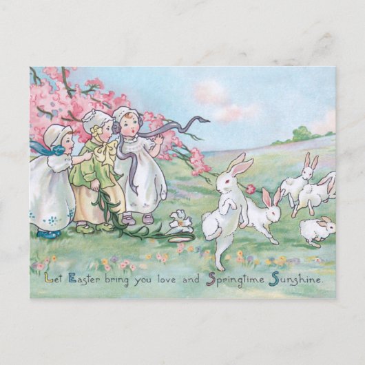 Vintage Kinder mit Weißer Ost Bunnies Postkarte (Vorderseite)