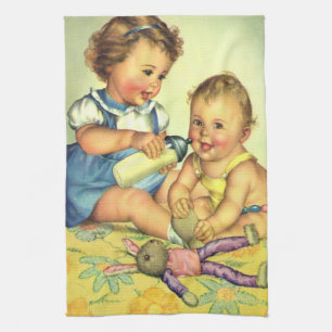 Vintage Kinder, Niedliche glückliche Kleinkinder l Geschirrtuch