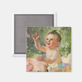 Vintage Kinder, Niedliches Baby-Mädchen auf einem Magnet (Vorderseite/Rückseite)