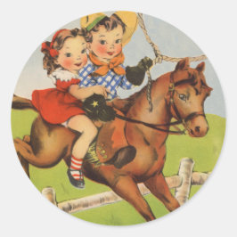 Vintage Kinder reiten ein Pferd und spielen Cowboy Runder Aufkleber