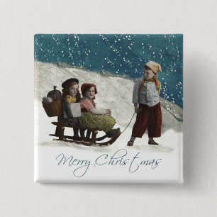 Vintage Kinder Rodelbahn Weihnachten Winter Button