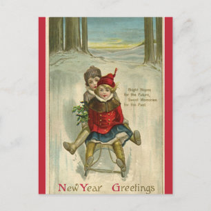 Vintage Kinder Schlittenfahren Frohes Neues Jahr Postkarte
