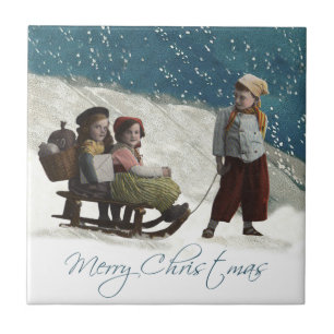 Vintage Kinder Schlittenfahren Weihnachten Winter Fliese