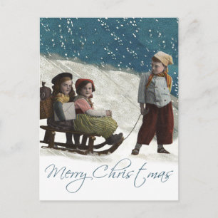 Vintage Kinder Schlittenfahren Weihnachten Winter Postkarte