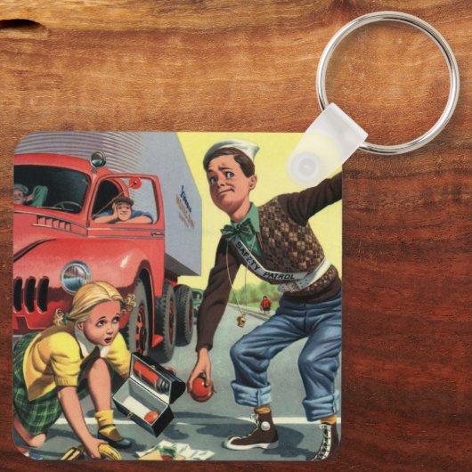 Vintage Kinder, Sicherheitspatrol hilft Mädchen Schlüsselanhänger (Rückseite)