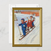 Vintage Kinder Skifahren Feiertagspostkarte (Vorne/Hinten)