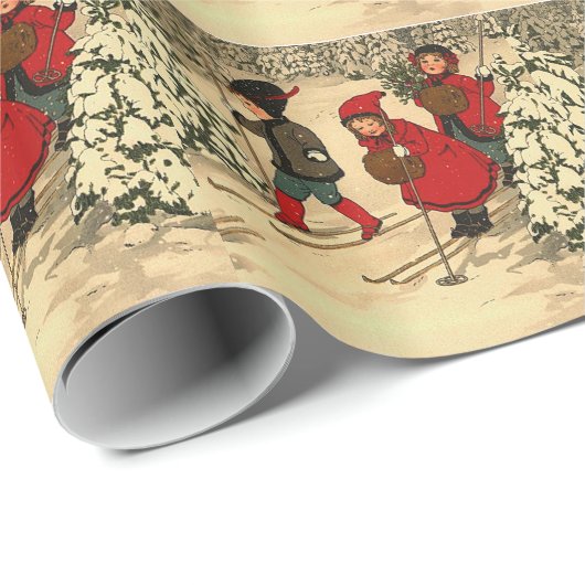 Vintage Kinder Skifahren Geschenkpapier (Rolleneckpunkt)