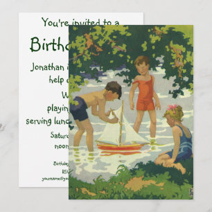 Vintage Kinder Sommer Segelboot Geburtstagsfeier Einladung