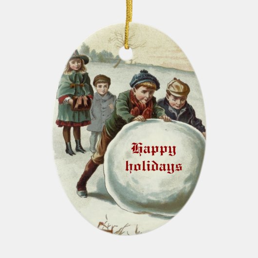 Vintage Kinder spielen im Winter Keramik Ornament (Vorne)