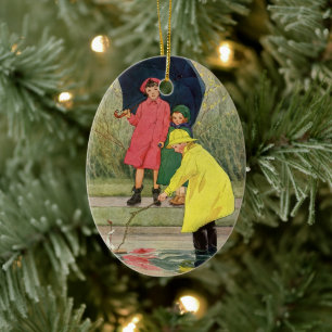 Vintage Kinder spielen in Pfützen "Ein regnerische Keramik Ornament