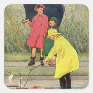 Vintage Kinder spielen in Pfützen "Ein regnerische Quadratischer Aufkleber