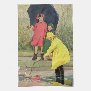 Vintage Kinder spielen in Puddles "A Rainy Day" Geschirrtuch