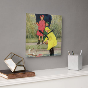 Vintage Kinder spielen in Puddles "A Rainy Day" Quadratische Wanduhr