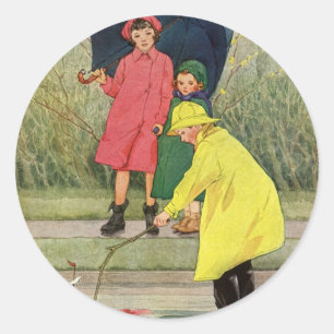 Vintage Kinder spielen in Puddles "A Rainy Day" Runder Aufkleber