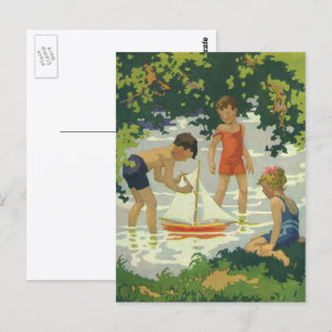 Vintage Kinder Spielzeug Sailboats Sommerteich Postkarte