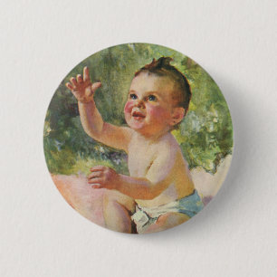 Vintage Kinder, süßes Baby Mädchen auf einer rosa  Button