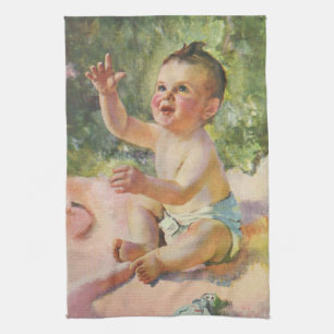 Vintage Kinder, süßes Baby Mädchen auf einer rosa Geschirrtuch