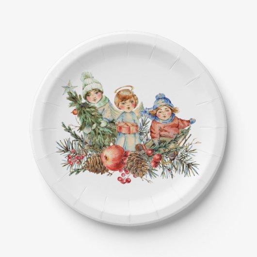 Vintage Kinder und der Engel der Weihnachtszeit Pappteller (Vorderseite)