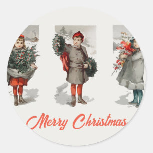 Vintage Kinder und Heiligenschnee Weihnachten Runder Aufkleber