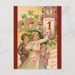 Vintage Kinder und Pilze Frohes Neues Jahr Postkarte