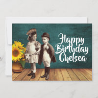 Vintage Kinder und Sonnenblumen Personalisiert Geb