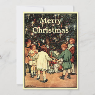 Vintage Kinder und Weihnachtsbaum Feiertagskarte