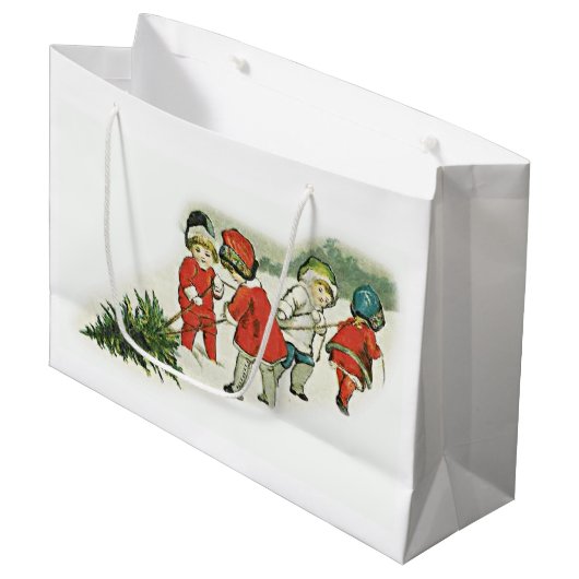 Vintage Kinder und Weihnachtsbaum Große Geschenktüte (Vorderseite Schrägansicht)
