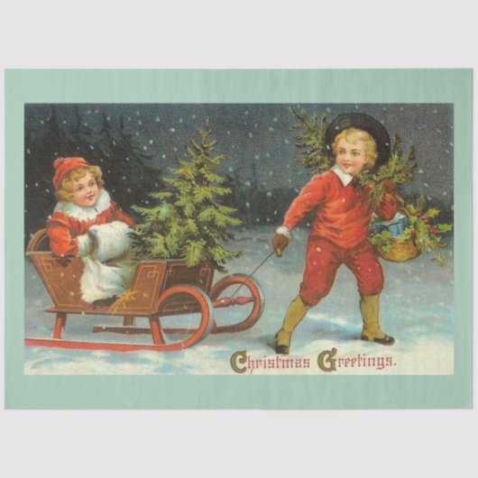 Vintage Kinder und Weihnachtsbaum Seidenpapier (Vorderseite)