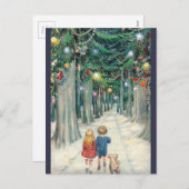 Vintage Kinder wandern durch Weihnachtsbäume Feiertagspostkarte (Vorne/Hinten)