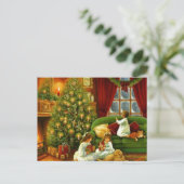 Vintage Kinder Weihnachtsgeschenke öffnen Feiertagspostkarte (Stehend Vorderseite)