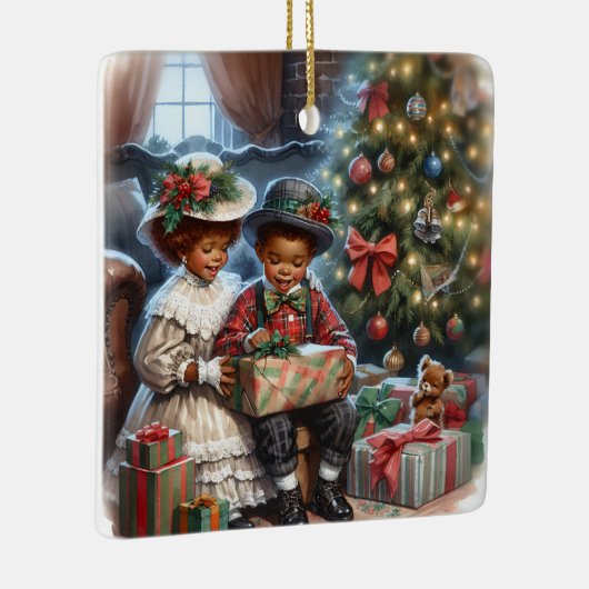 Vintage Kinder Weihnachtsgeschenke öffnen Keramikornament (Rechts)