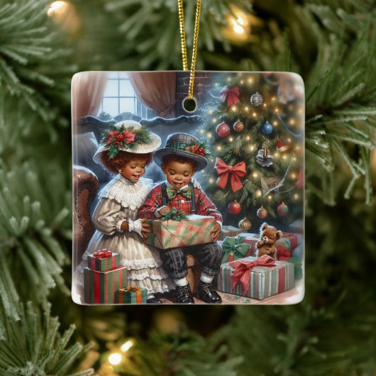 Vintage Kinder Weihnachtsgeschenke öffnen Keramikornament (Baum)