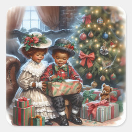 Vintage Kinder Weihnachtsgeschenke öffnen Quadratischer Aufkleber