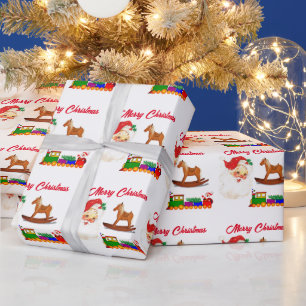 Vintage Kinder Weihnachtsmann Zug und Schaukelpfer Geschenkpapier