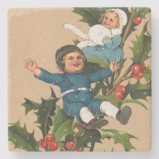 Vintage Kinder zu Weihnachten Holly Steinuntersetzer (Vorderseite)