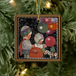 Vintage Kindergeburtstagsfeier, Luftballons und Sp Keramikornament