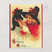 Vintage Kinderhexe und schwarze Katze Postkarte (Vorderseite)