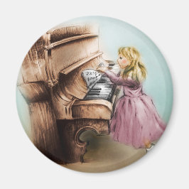 Vintage Kinderkunst, Round Magnet - Piano Girl
