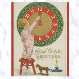 Vintage Kinderuhr Spielzeugpferd und Kerze Neujahr Postkarte