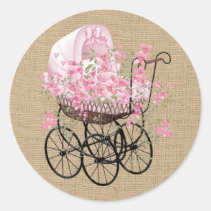 Vintage Kinderwagen auf falschem Burlap Runder Aufkleber
