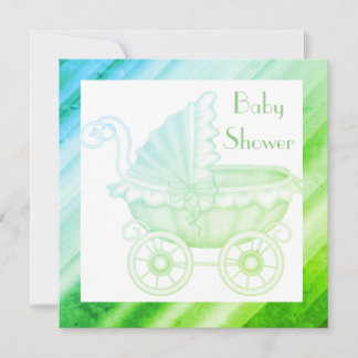 VINTAGE-KINDERWAGEN-BABY-PARTY-EINLADUNG grün blau Einladung