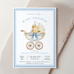 Vintage-Kinderwagen-Baby-Party Himmelblau und gold Einladung